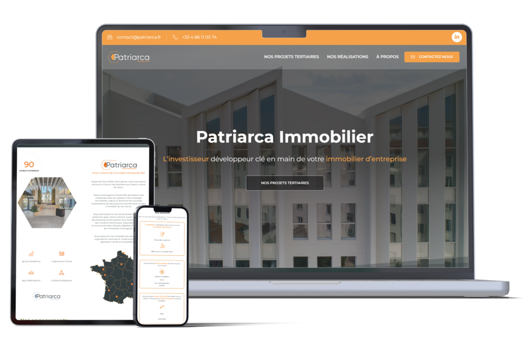 Mockup multi-device de Patriarca Immobilier, illustrant l'affichage du site sur ordinateur, tablette et mobile, design par Steibel Numérique